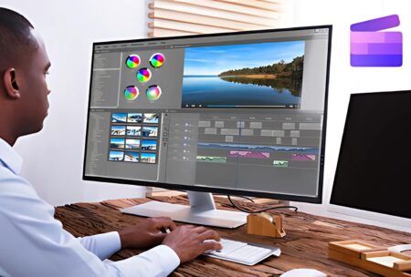A man working on video editing tasks using Clipchamp software on his laptop.
