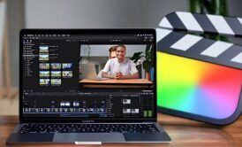 A laptop running Final Cut Pro X video editor, highlighting the editing timeline and tool options for video production.