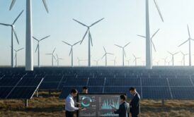 Three individuals stand before wind turbines, symbolizing sustainable finance and renewable energy solutions.