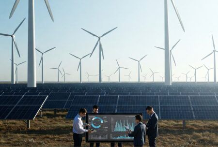 Three individuals stand before wind turbines, symbolizing sustainable finance and renewable energy solutions.