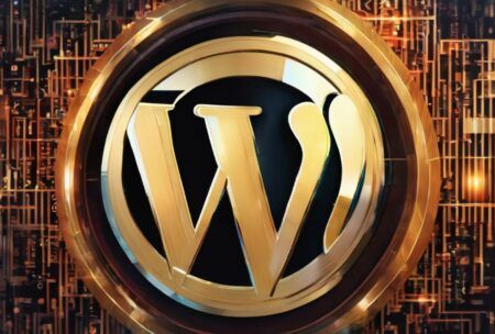 A gold background featuring the WordPress logo, highlighting its connection to WordPress theme development.