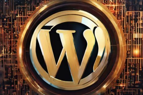 A gold background featuring the WordPress logo, highlighting its connection to WordPress theme development.