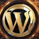 A gold background featuring the WordPress logo, highlighting its connection to WordPress theme development.