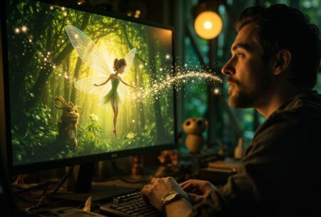 a man sits at a computer, captivated by a fairy displayed on the screen, exploring AI filmmaking concepts
