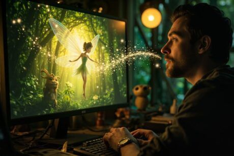 a man sits at a computer, captivated by a fairy displayed on the screen, exploring AI filmmaking concepts