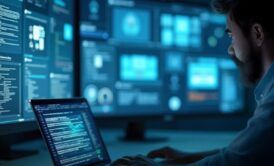 A man focused on a computer with several screens, enhancing his productivity with AI tools.