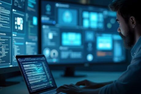 A man focused on a computer with several screens, enhancing his productivity with AI tools.