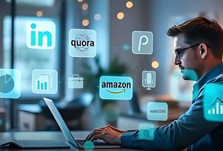 A presentation of an individual mastering blog marketing strategy to enhance business growth through social media engagement.