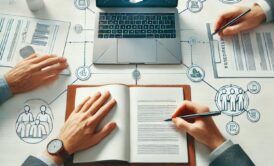 Business professionals collaborate on a laptop, analyzing a business diagram related to effective business writing strategies.