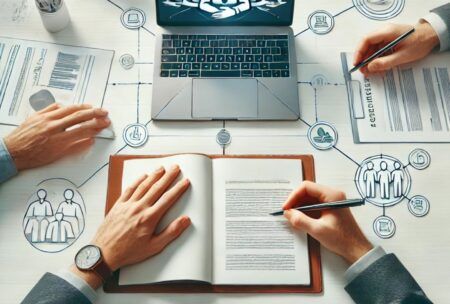 Business professionals collaborate on a laptop, analyzing a business diagram related to effective business writing strategies.