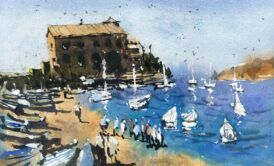 watercolor coastal landscape paintings featuring boats on the beach and a building in the background, evoking a tranquil scene