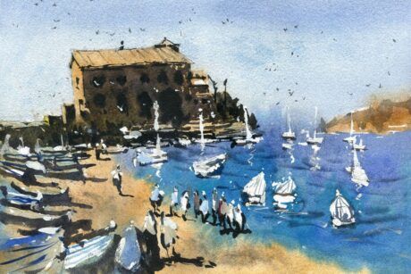 watercolor coastal landscape paintings featuring boats on the beach and a building in the background, evoking a tranquil scene