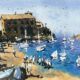 watercolor coastal landscape paintings featuring boats on the beach and a building in the background, evoking a tranquil scene