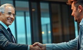 Two men in an office shaking hands, representing high-level negotiation skills and a successful business agreement.