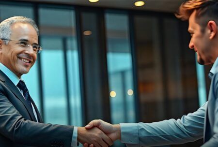 Two men in an office shaking hands, representing high-level negotiation skills and a successful business agreement.