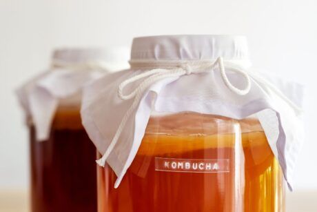 two jars of liquid covered with white cloths, demonstrating how to brew kombucha