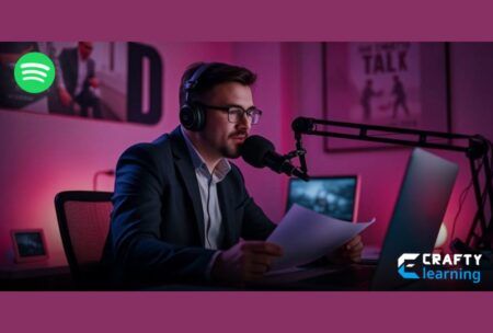 a man in a suit wearing headphones, seated at a desk, focused on how to start a podcast on spotify