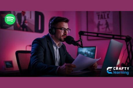 a man in a suit wearing headphones, seated at a desk, focused on how to start a podcast on spotify