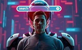 A man in a modern suit stands next to a robot head, symbolizing market research for online business.