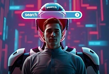 A man in a modern suit stands next to a robot head, symbolizing market research for online business.