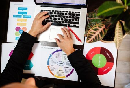 a person focused on a laptop displaying a business plan related to product management certification