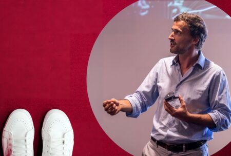 a man in a shirt and tie stands beside a pair of white shoes, illustrating sales techniques for beginners