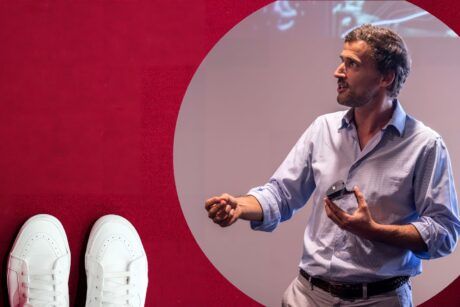 a man in a shirt and tie stands beside a pair of white shoes, illustrating sales techniques for beginners