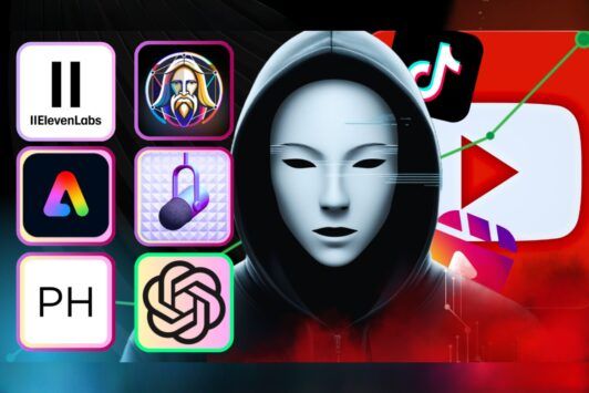 a person wearing a mask displaying various apps, emphasizing ai for creators