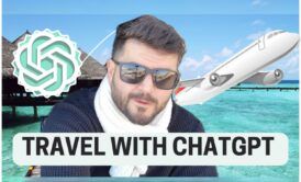 hussein attie in sunglasses stands with a plane behind him, promoting travel with chatgpt for planning trips
