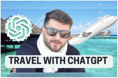hussein attie in sunglasses stands with a plane behind him, promoting travel with chatgpt for planning trips