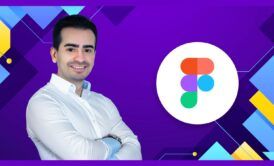 A man in a white shirt stands against a vibrant, colorful background, showcasing a design concept of figma for web design