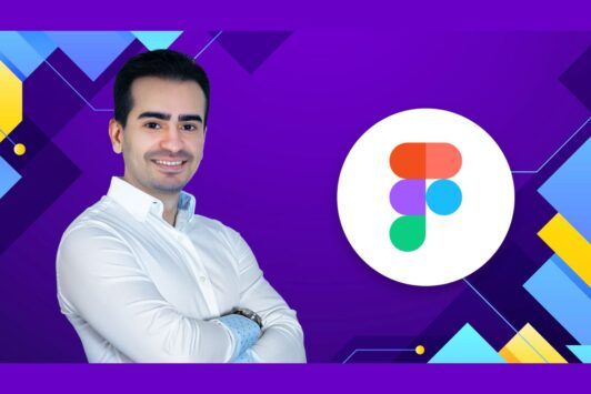 A man in a white shirt stands against a vibrant, colorful background, showcasing a design concept of figma for web design