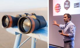 a man presents on lead generation course, accompanied by an image of binoculars, symbolizing focus and insight in marketing