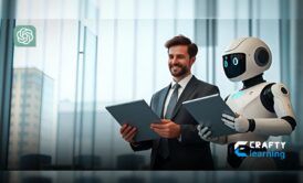 a man in business attire and a robot with laptops, engaged with a computer screen, learning about ChatGPT for business purposes