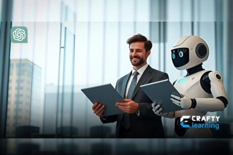 a man in business attire and a robot with laptops, engaged with a computer screen, learning about ChatGPT for business purposes