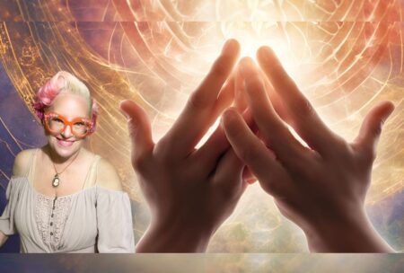 a woman with glasses and hands in the background, demonstrating a usui reiki technique in a calm setting