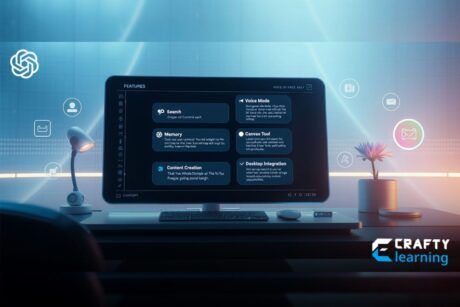 a computer screen displaying chatgpt seo in a softly lit, futuristic workspace with an intuitive interface