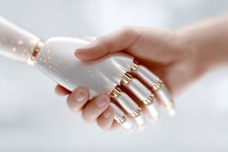 a robot hand and a human hand engaged in a handshake, symbolizing collaboration between technology and humanity