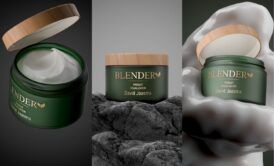 dynamic visual of skin care items in a blender, illustrating the blending process and product animation