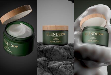 dynamic visual of skin care items in a blender, illustrating the blending process and product animation