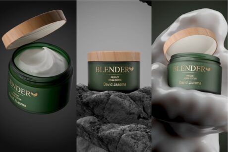 dynamic visual of skin care items in a blender, illustrating the blending process and product animation