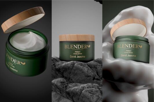 dynamic visual of skin care items in a blender, illustrating the blending process and product animation