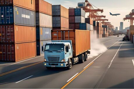 a truck transporting cargo containers on a road, illustrating logistics in a supply chain management online course