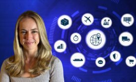 A woman stands before a blue background featuring icons, promoting a supply chain management online course