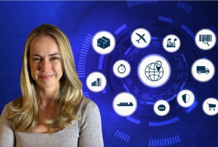 A woman stands before a blue background featuring icons, promoting a supply chain management online course