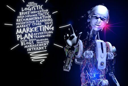 a robot featuring a light bulb and text, representing the ChatGPT for marketing course concept