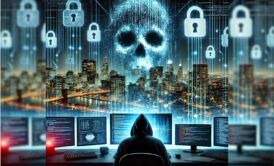 a man in a hoodie sits at a computer, with a skull and a city skyline visible in the background, indicating giac certified incident handler
