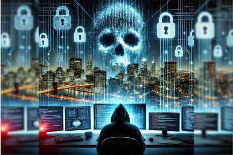 a man in a hoodie sits at a computer, with a skull and a city skyline visible in the background, indicating giac certified incident handler