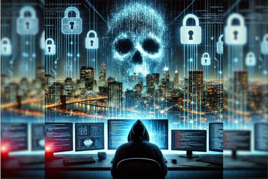 a man in a hoodie sits at a computer, with a skull and a city skyline visible in the background, indicating giac certified incident handler