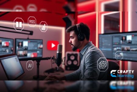 a man wearing headphones works on a computer, focused on a YouTube podcast displayed on a video screen